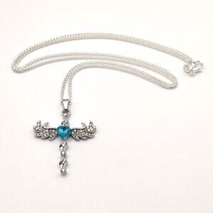 925 Sterling Silver Necklace w/ Cross Angel Wings Blue Gemstone Valentines New